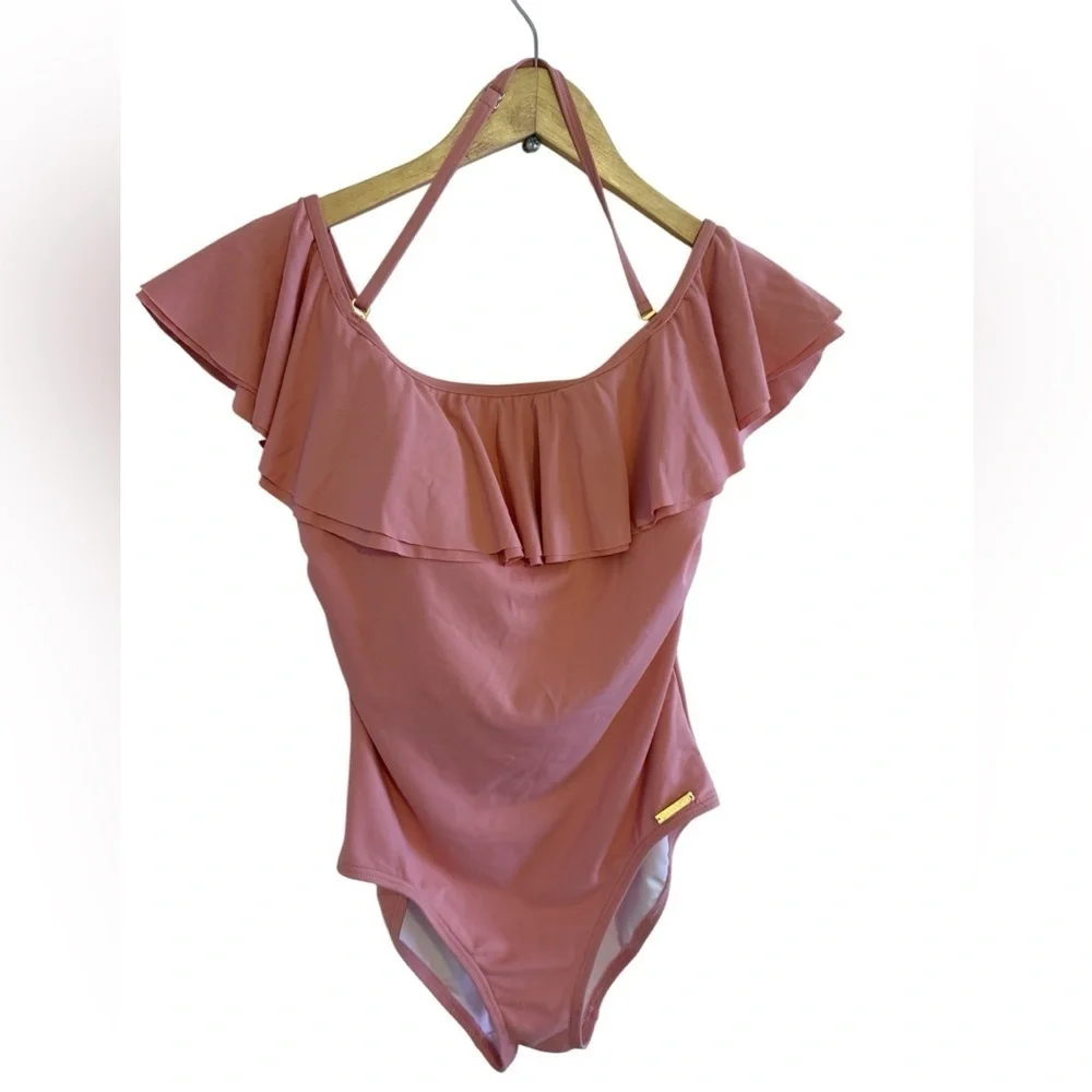 Michael Kors Pink Ruffle Swimsuit Built in Shelf Bra Padded Cups Off Shoulder 6